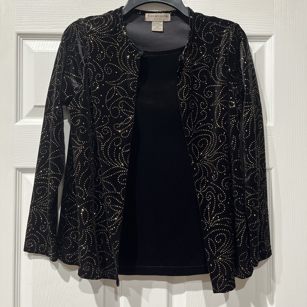 Black Velvet Rhinestone‎ Embellished Twofer Top Women's Medium Petite